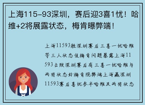 上海115-93深圳，赛后迎3喜1忧！哈维+2将展露状态，梅肯曝弊端！