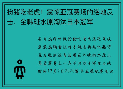 扮猪吃老虎！震惊亚冠赛场的绝地反击，全韩班水原淘汰日本冠军
